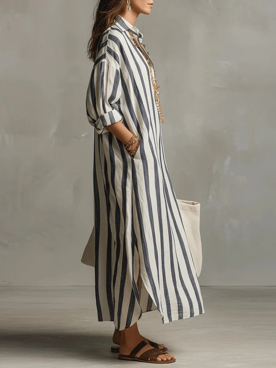 Striped Collared Oversized Casual Linen Maxi Dress