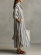Striped Collared Oversized Casual Linen Maxi Dress
