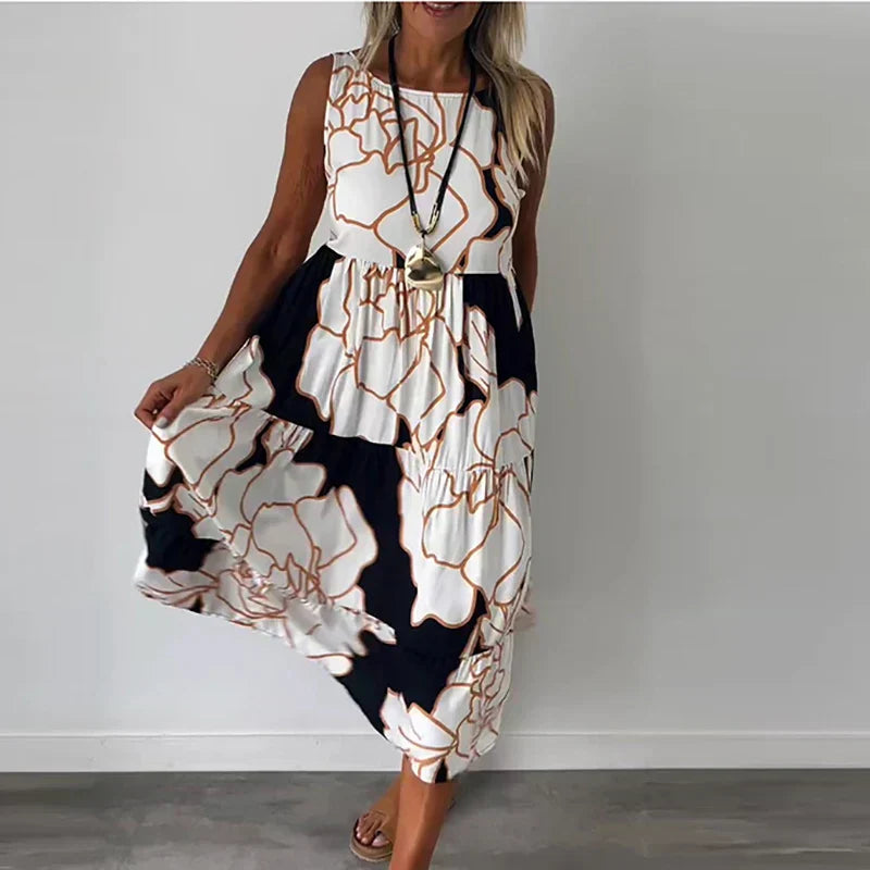 Floral Outline Print Sleeveless Gathered Casual Maxi Dress