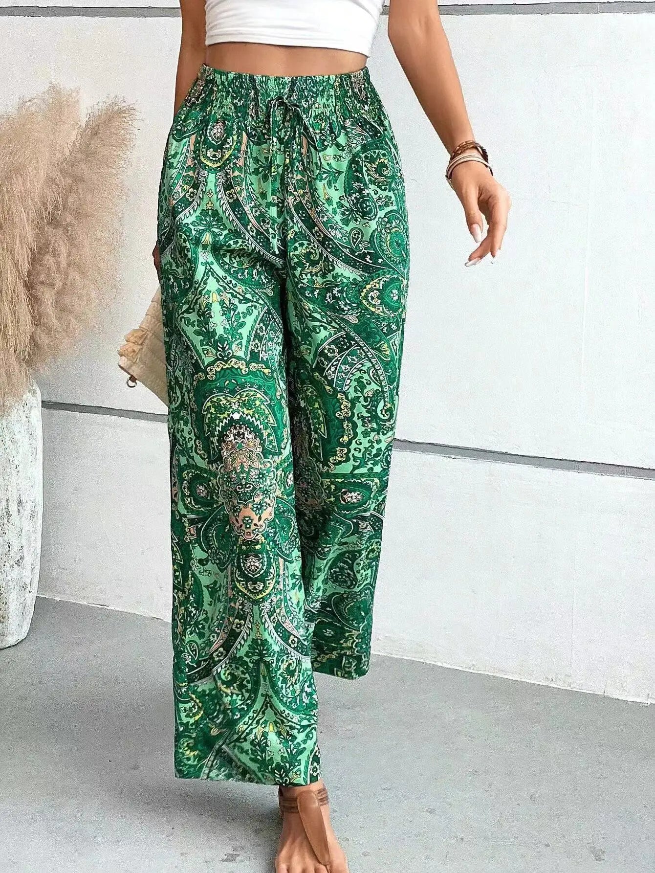Paisley Print Smocked Waist Drawstring Wide Leg Boho Pant