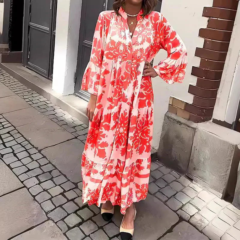 Baroque Floral Print V Neck Lantern Sleeve Tiered Boho Maxi Dress