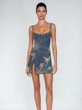 Beaded Butterfly Embellished Square Neck Mini Dress