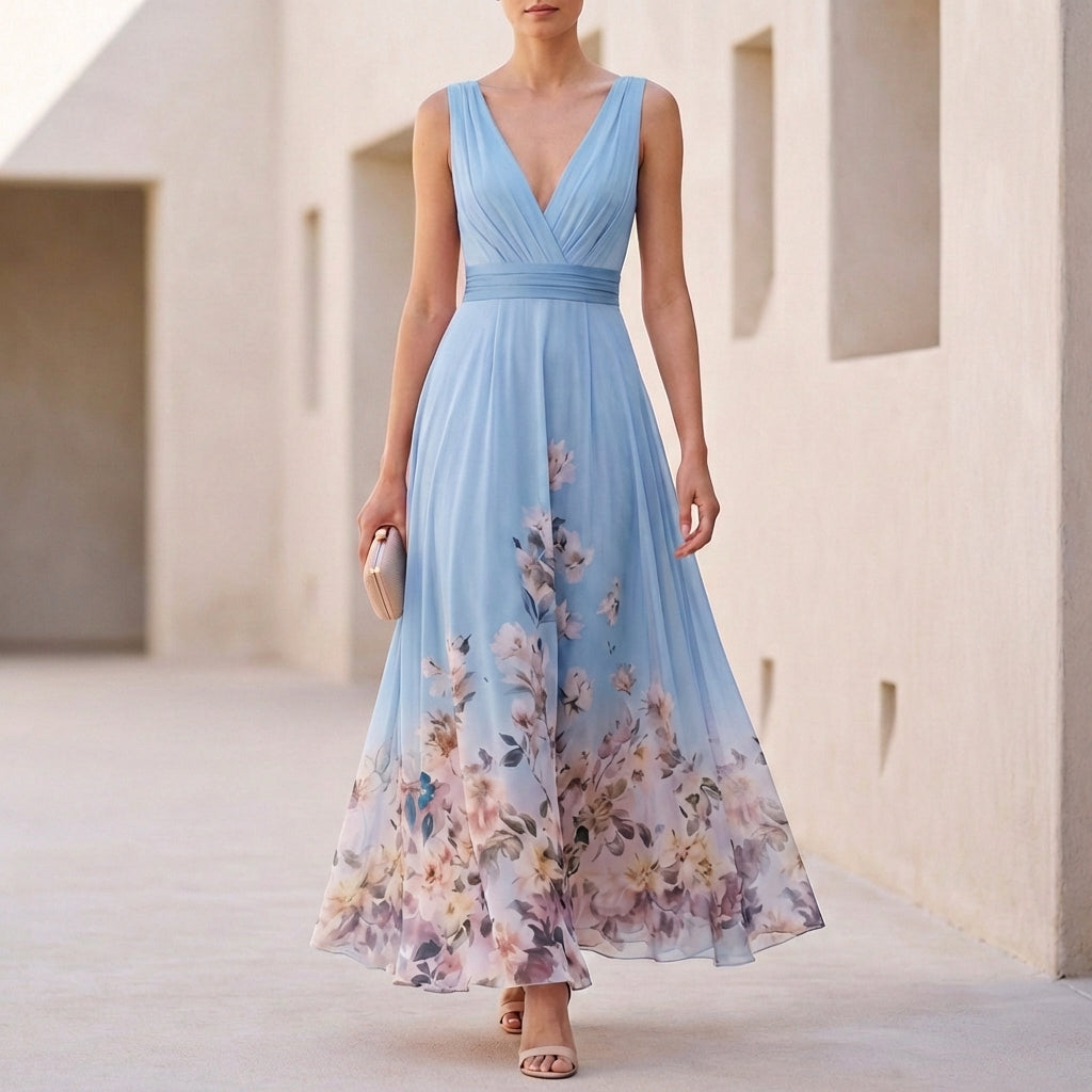 Floral Border Print Ruched V-Neck Chiffon Maxi Dress - Wedding Guest