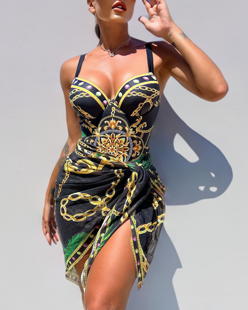 Baroque Chain Print Jewel Detail Swimsuit Wrap Skirt Set