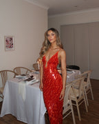 Red Sequin Backless Homecoming Dress