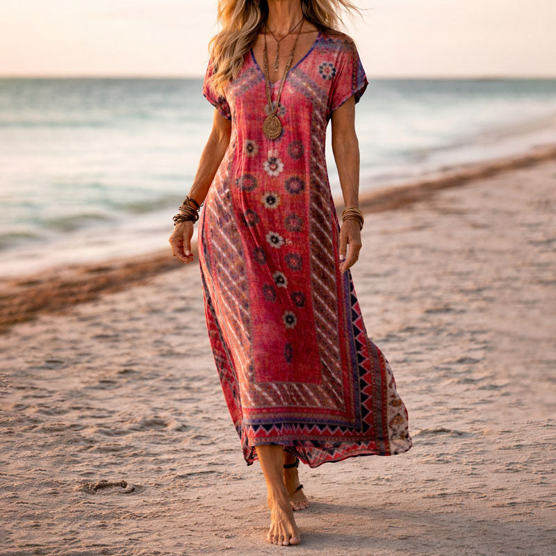 Botanical Floral V-Neck Boho Flowy Maxi Dress