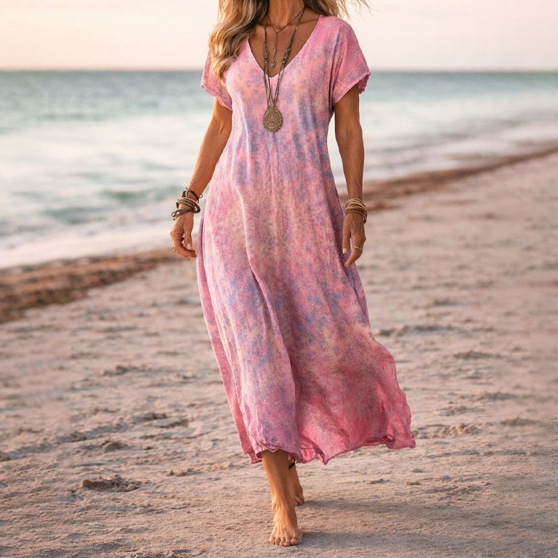 Botanical Floral V-Neck Boho Flowy Maxi Dress