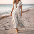 Botanical Floral V-Neck Boho Flowy Maxi Dress