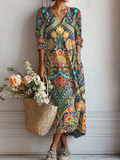 Paisley Tapestry Print V-Neck Boho Casual Maxi Dress