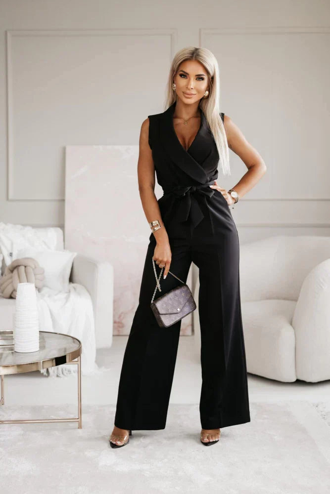 Sleeveless Lapel V Neck Tie Waist Wide Leg Formal Jumpsuit