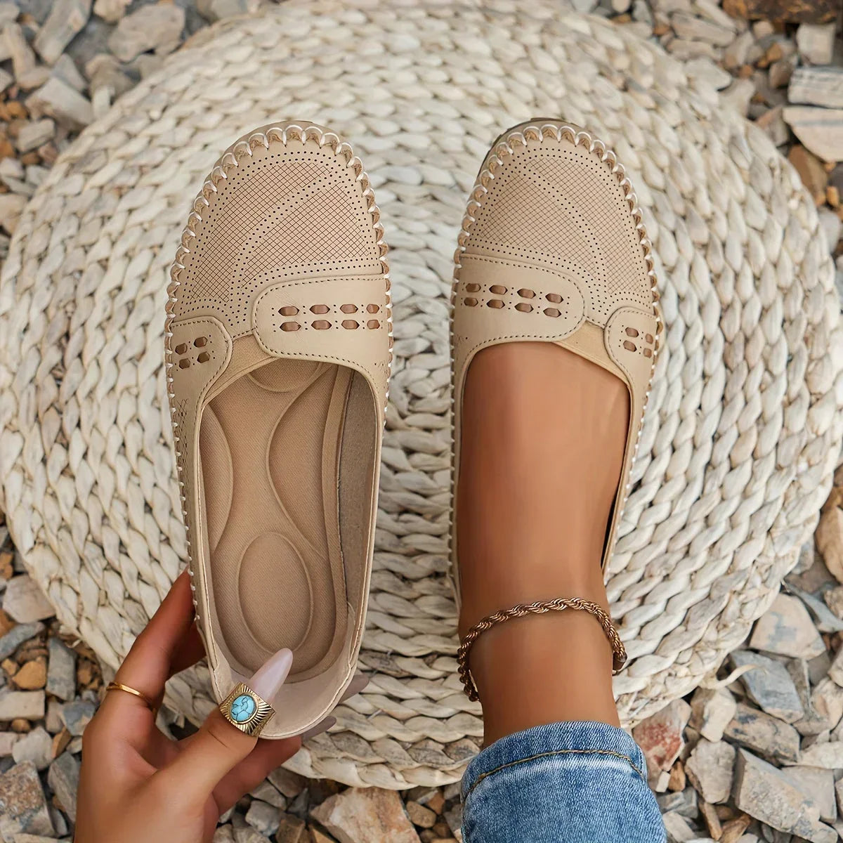 Perforated Cutout Woven Trim Cushioned Insole Slip On Flat Loafer