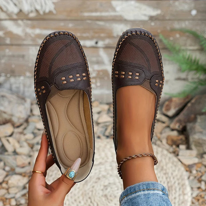 Perforated Cutout Woven Trim Cushioned Insole Slip On Flat Loafer