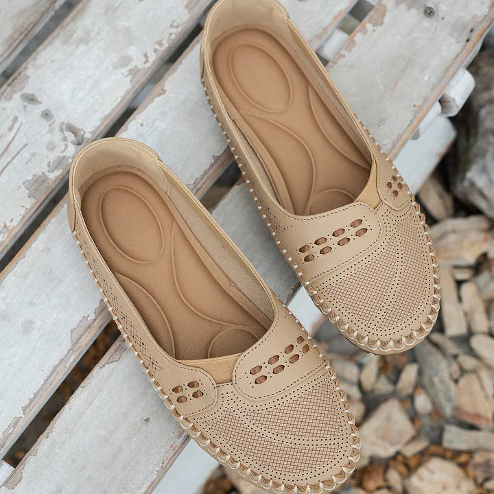 Perforated Cutout Woven Trim Cushioned Insole Slip On Flat Loafer