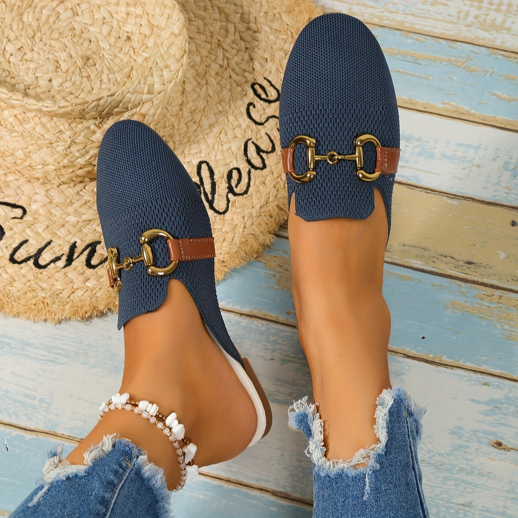 Knit Horsebit Hardware Leather Trim Backless Flat Mule Loafer