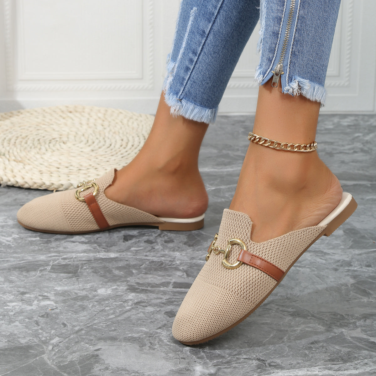 Knit Horsebit Hardware Leather Trim Backless Flat Mule Loafer