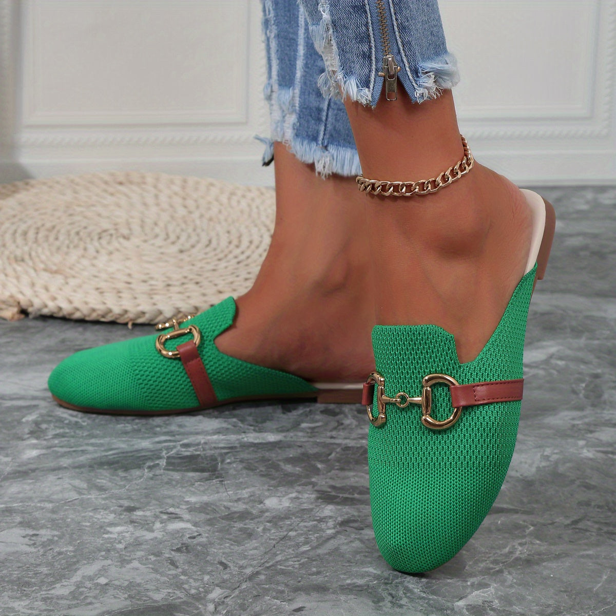 Knit Horsebit Hardware Leather Trim Backless Flat Mule Loafer