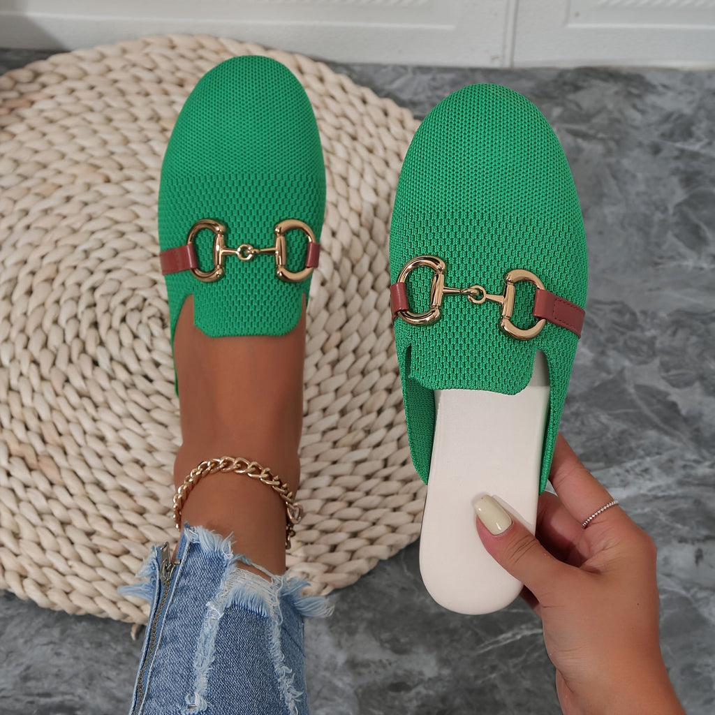 Knit Horsebit Hardware Leather Trim Backless Flat Mule Loafer