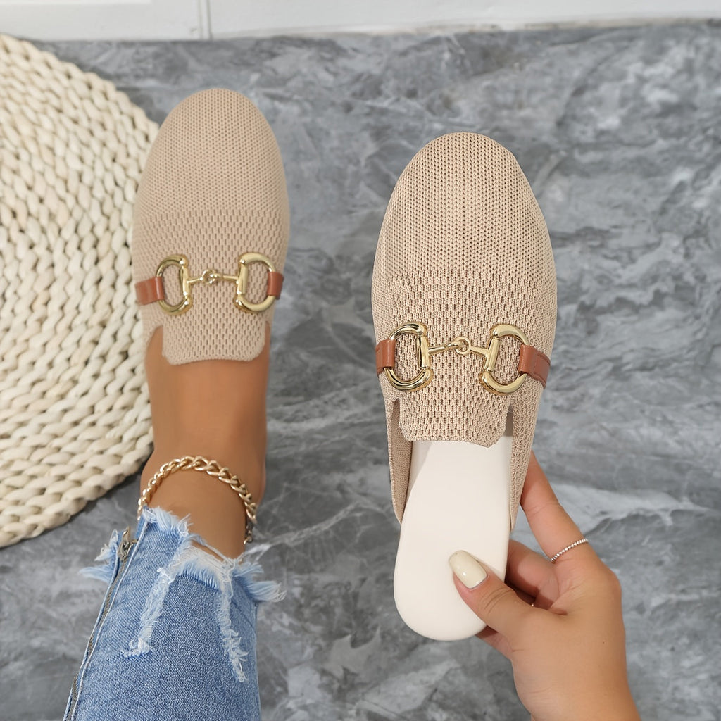 Knit Horsebit Hardware Leather Trim Backless Flat Mule Loafer