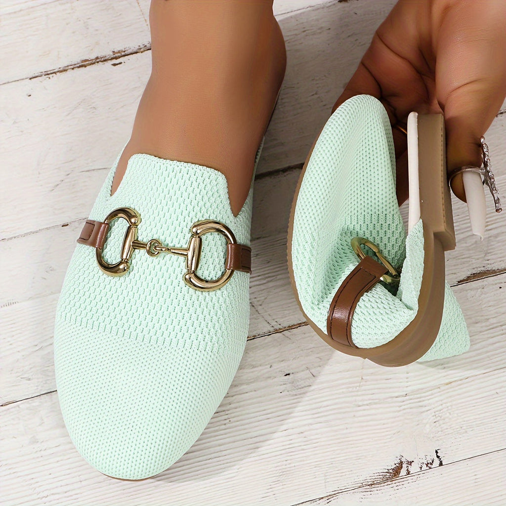 Knit Horsebit Hardware Leather Trim Backless Flat Mule Loafer