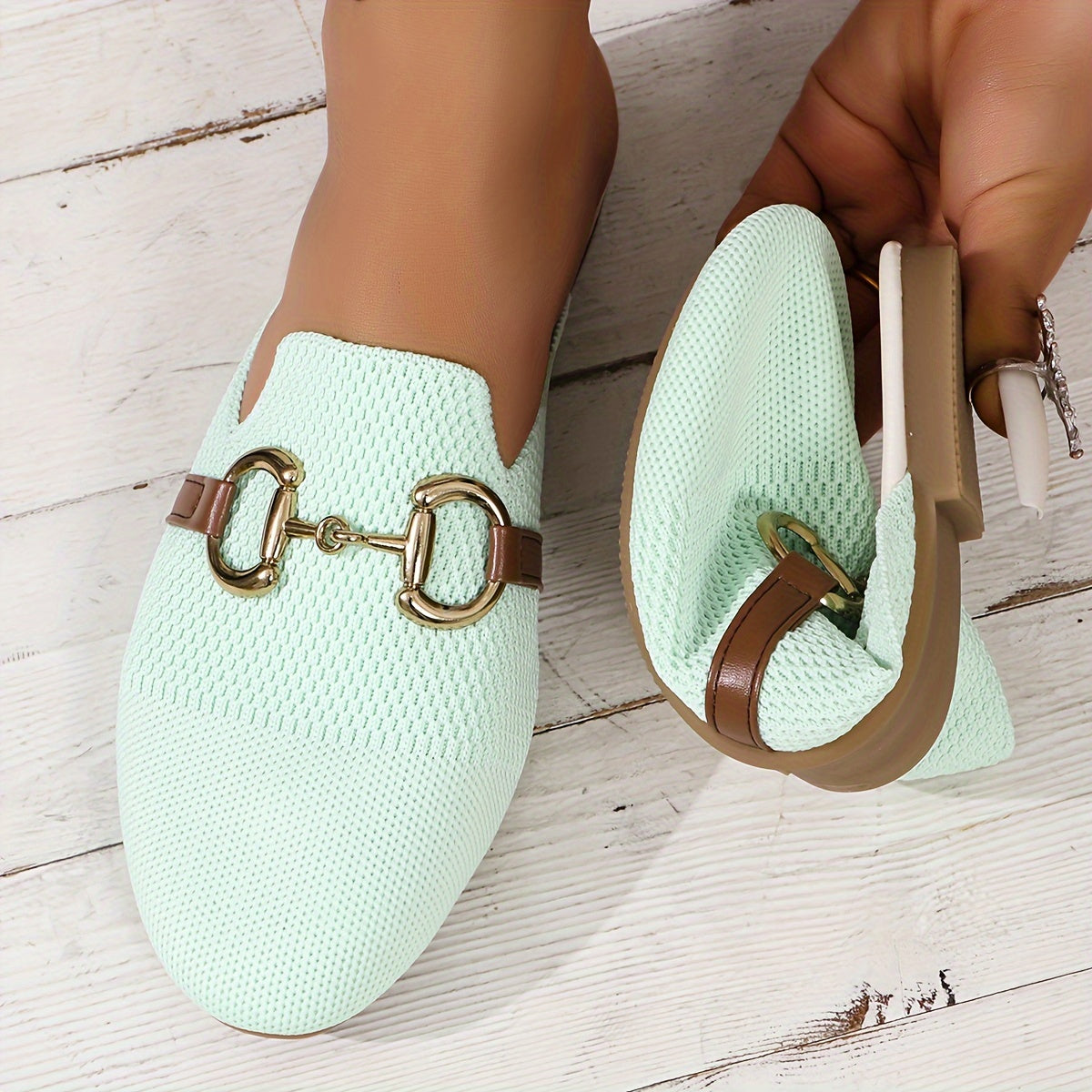 Knit Horsebit Hardware Leather Trim Backless Flat Mule Loafer