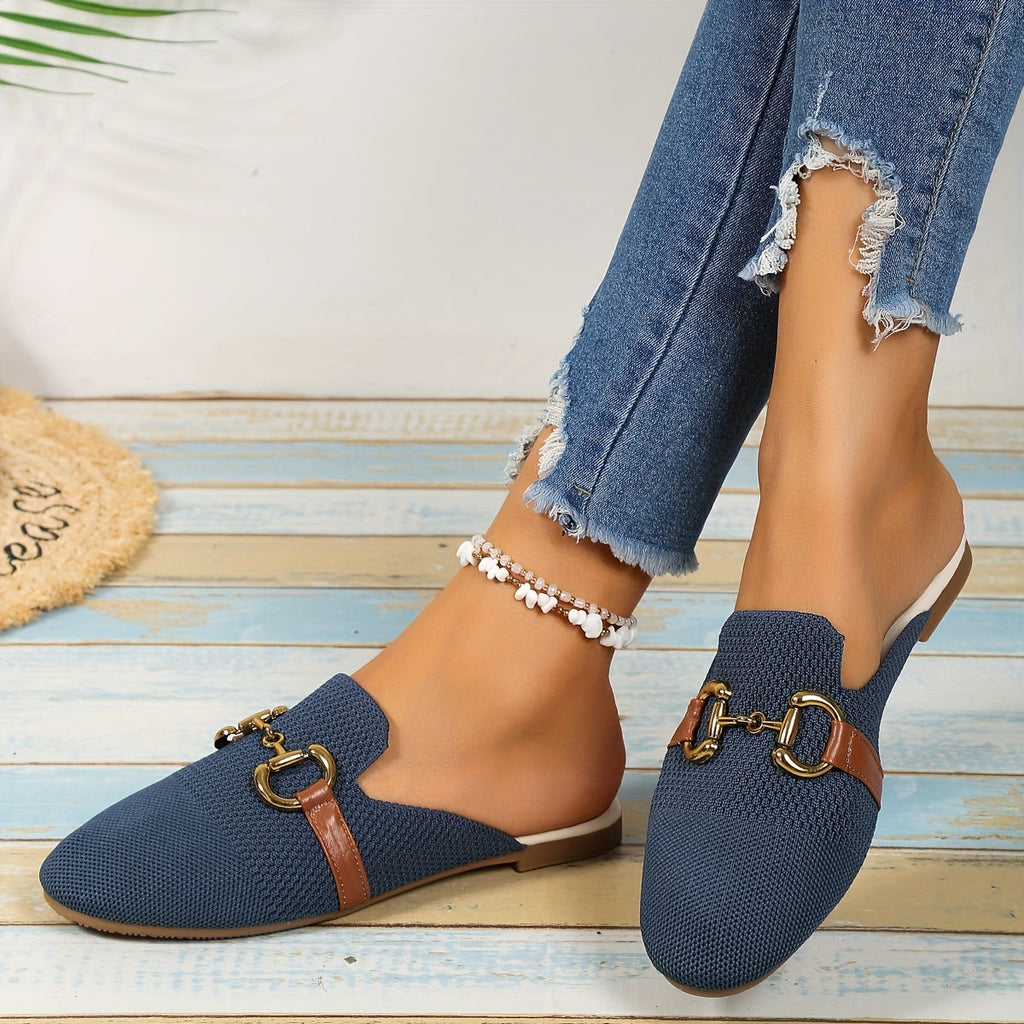 Knit Horsebit Hardware Leather Trim Backless Flat Mule Loafer