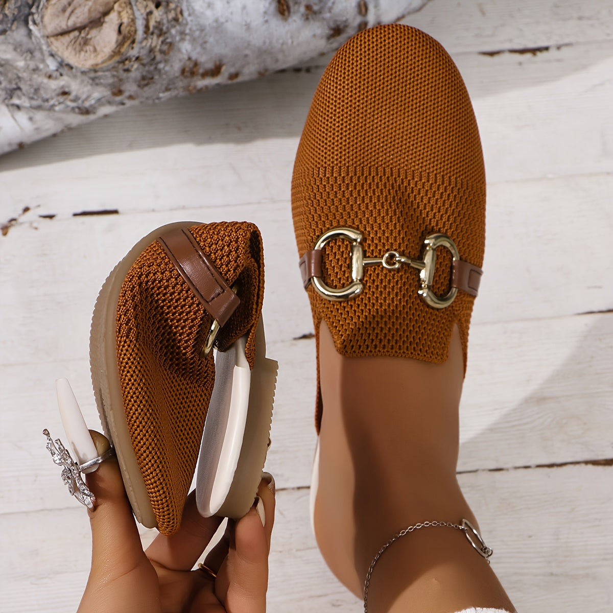 Knit Horsebit Hardware Leather Trim Backless Flat Mule Loafer