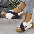Two Tone Cross Strap Hook Loop Comfort Wedge Sandal