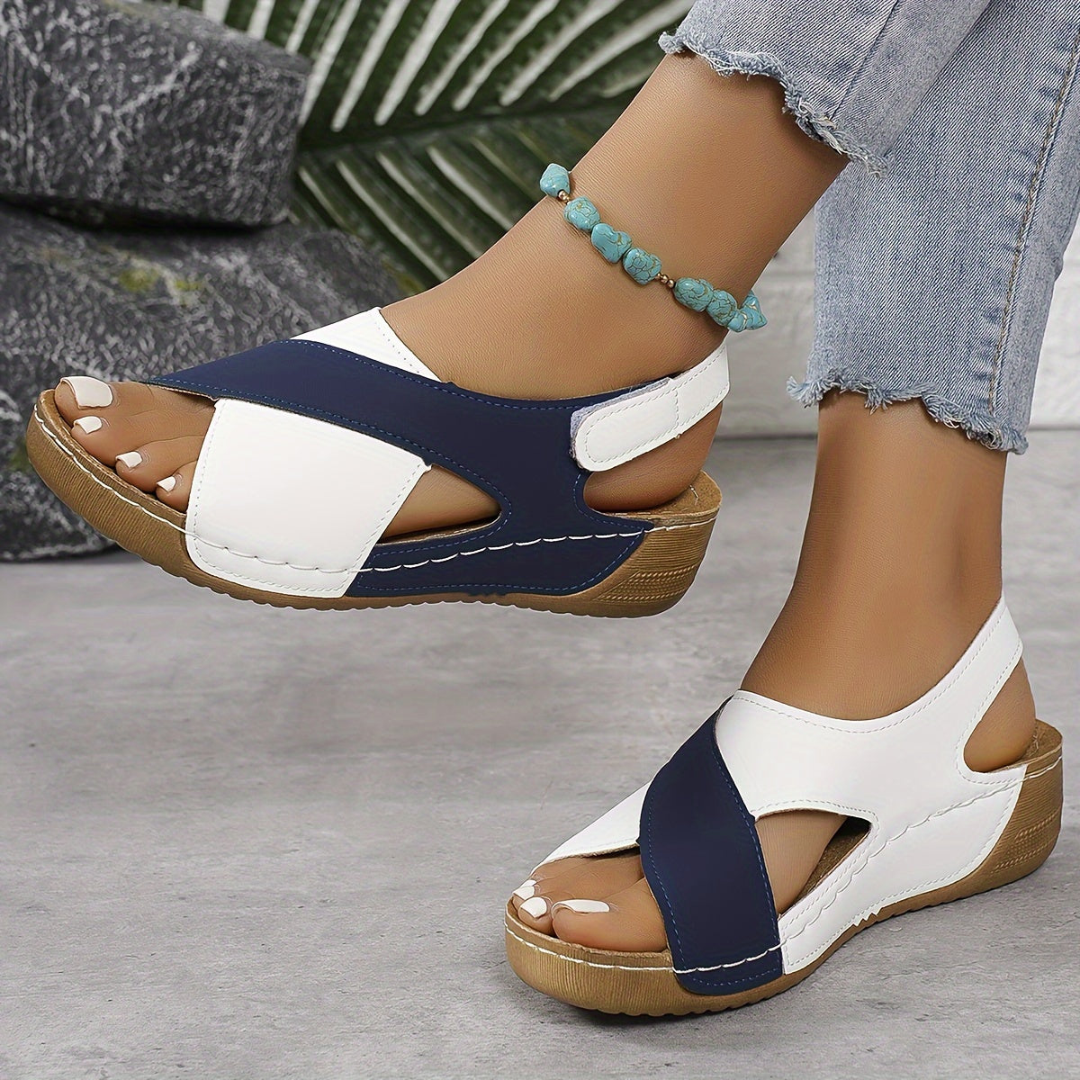 Two Tone Cross Strap Hook Loop Comfort Wedge Sandal