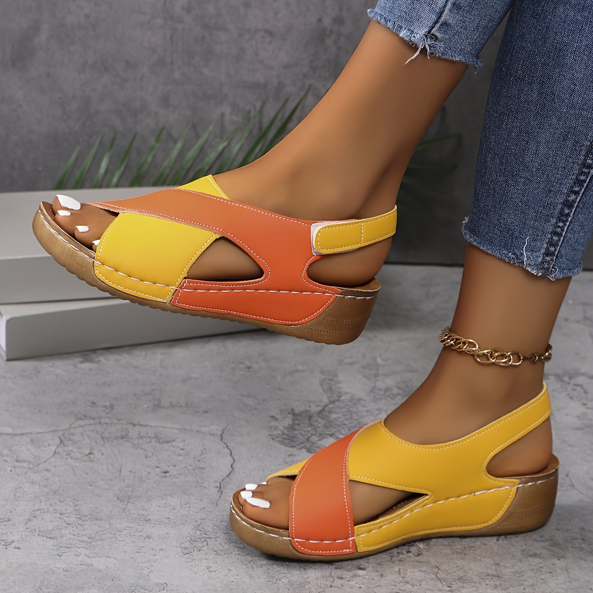 Two Tone Cross Strap Hook Loop Comfort Wedge Sandal