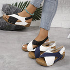 Two Tone Cross Strap Hook Loop Comfort Wedge Sandal