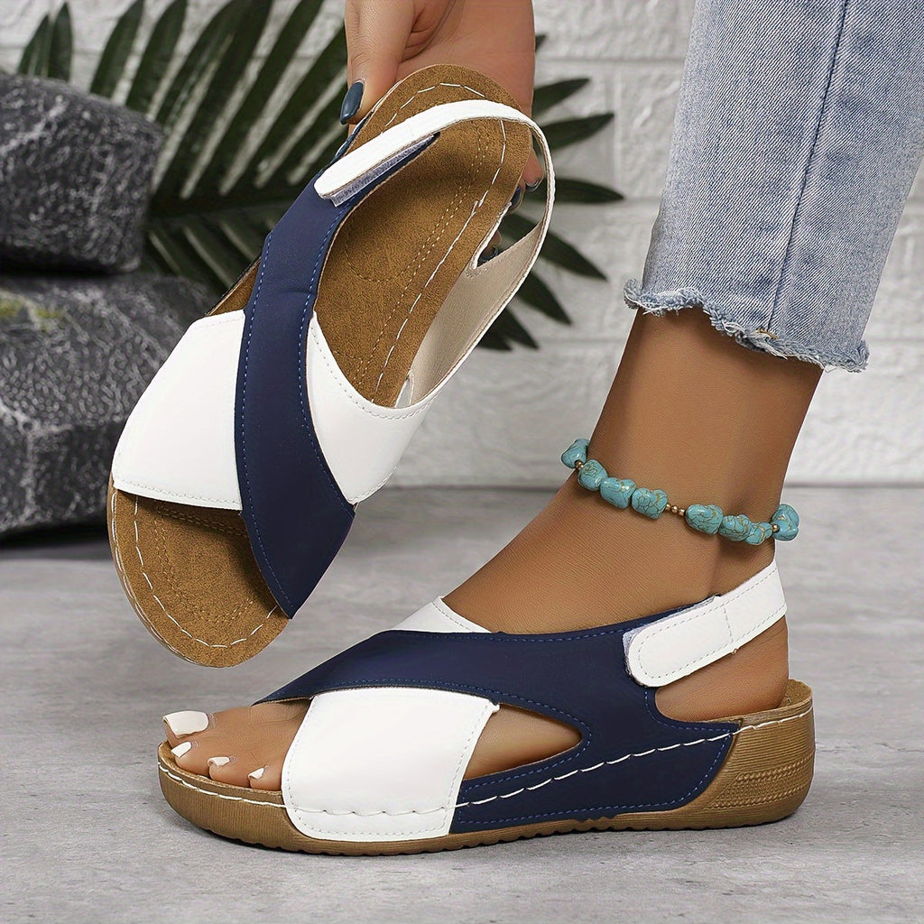 Two Tone Cross Strap Hook Loop Comfort Wedge Sandal