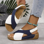 Two Tone Cross Strap Hook Loop Comfort Wedge Sandal