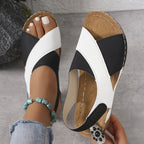 Two Tone Cross Strap Hook Loop Comfort Wedge Sandal