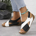 Two Tone Cross Strap Hook Loop Comfort Wedge Sandal