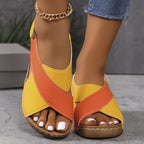 Two Tone Cross Strap Hook Loop Comfort Wedge Sandal