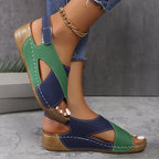 Two Tone Cross Strap Hook Loop Comfort Wedge Sandal