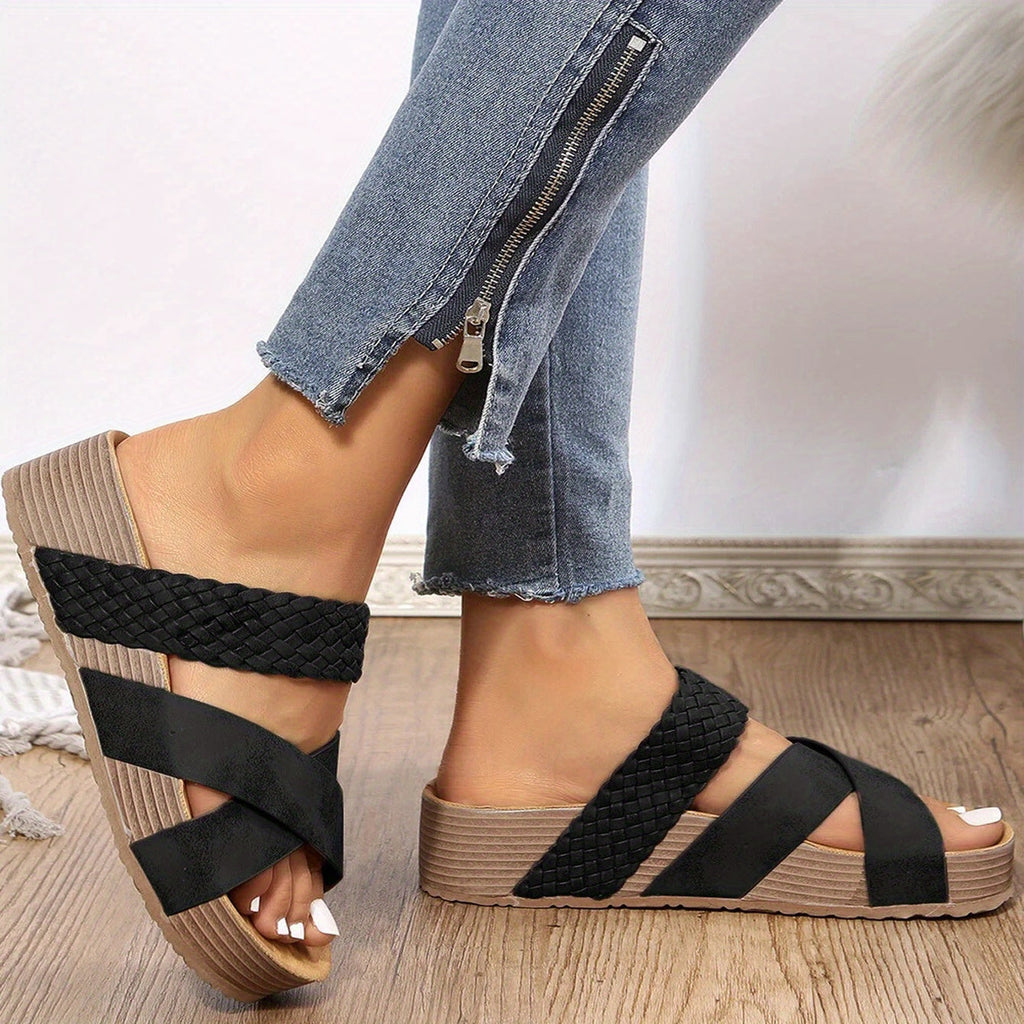 Woven Cross Strap Open Toe Platform Wedge Mule