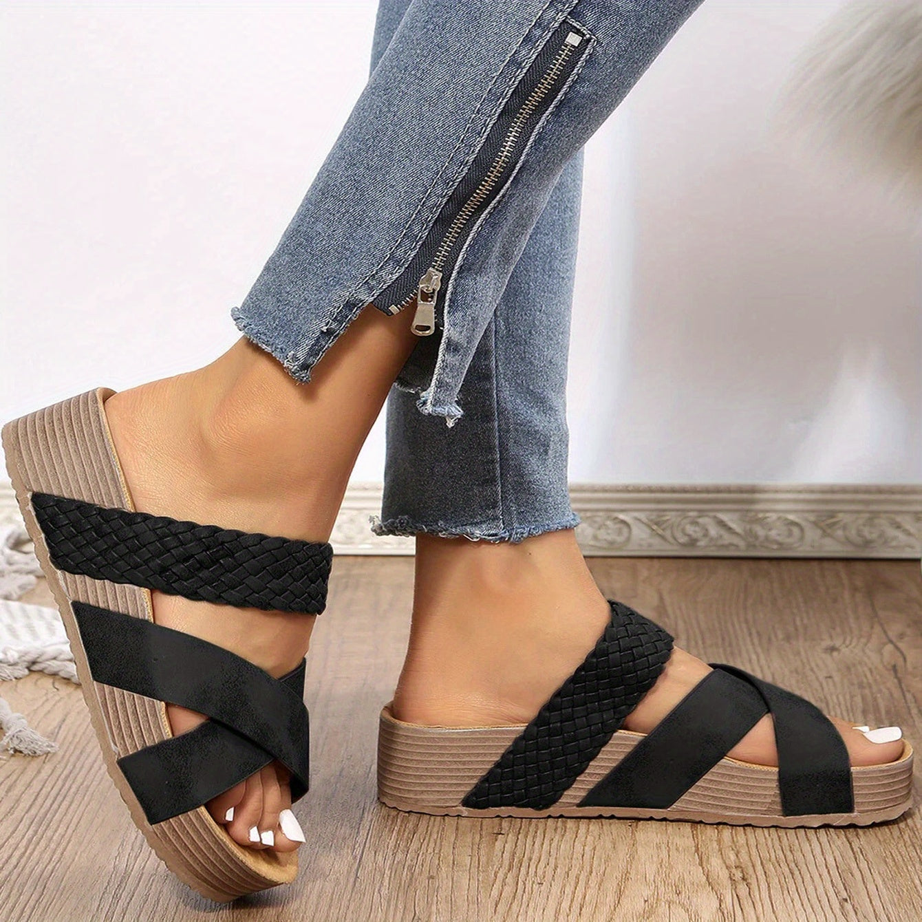 Woven Cross Strap Open Toe Platform Wedge Mule