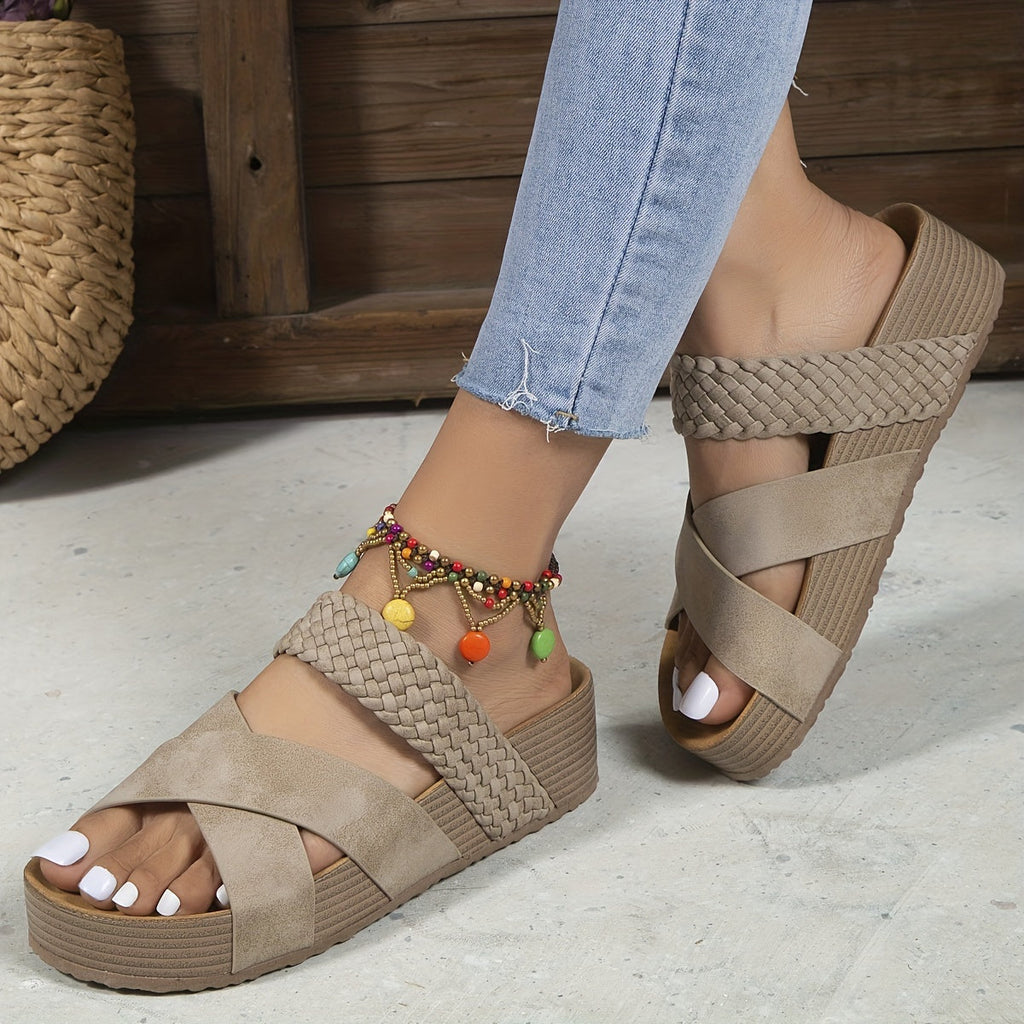 Woven Cross Strap Open Toe Platform Wedge Mule