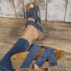 Woven Cross Strap Open Toe Platform Wedge Mule