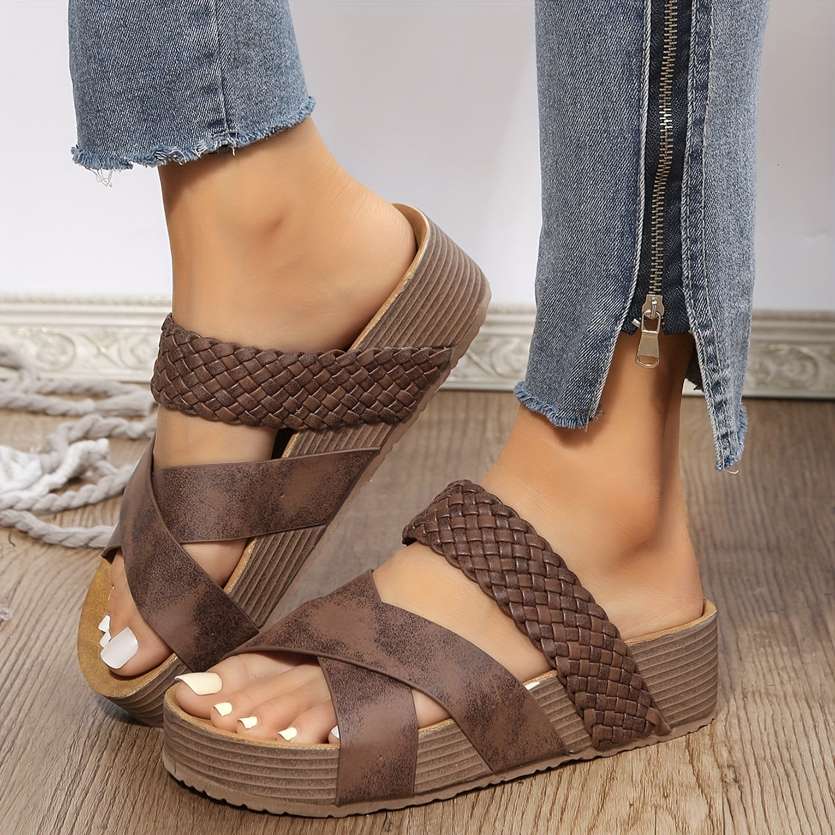 Woven Cross Strap Open Toe Platform Wedge Mule