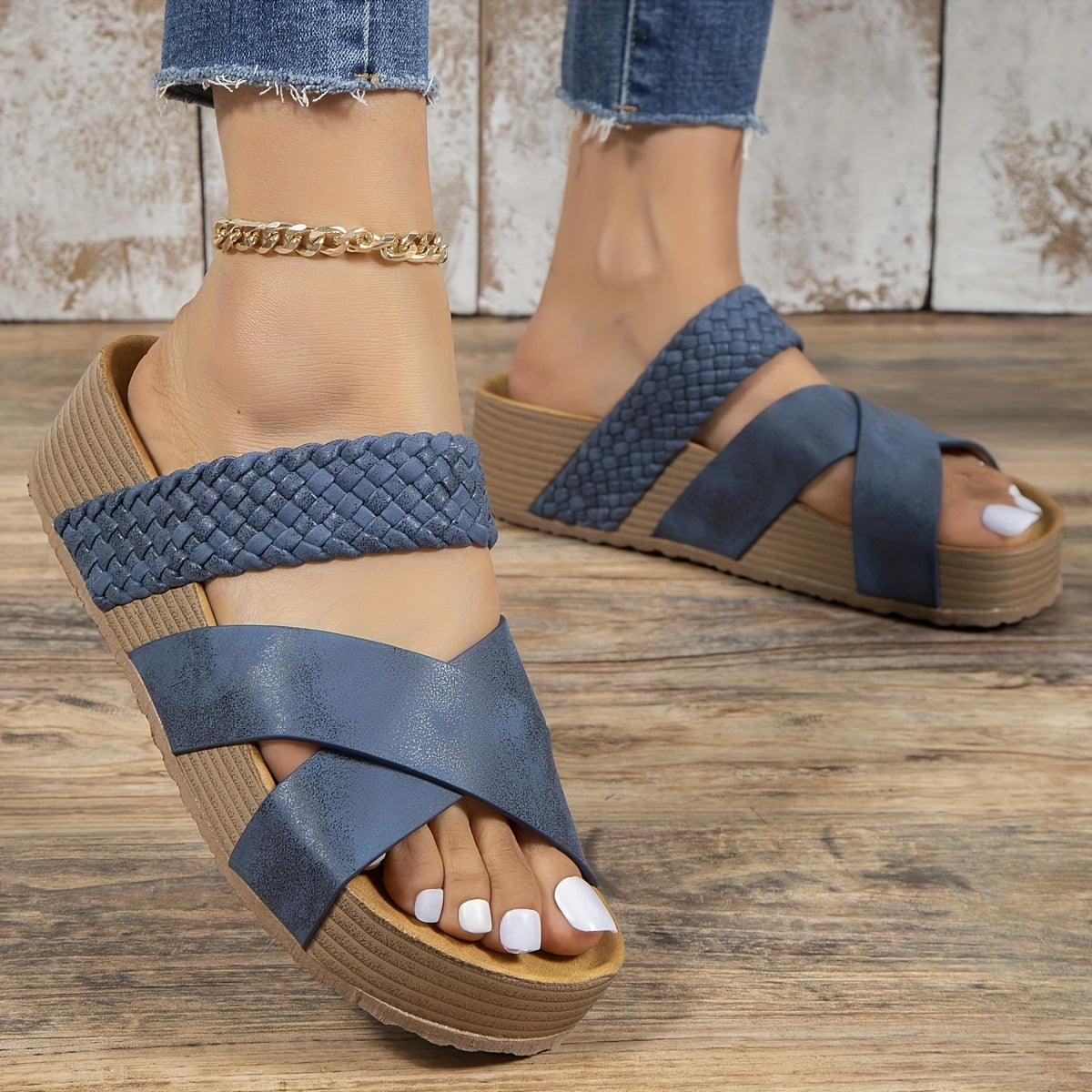 Woven Cross Strap Open Toe Platform Wedge Mule
