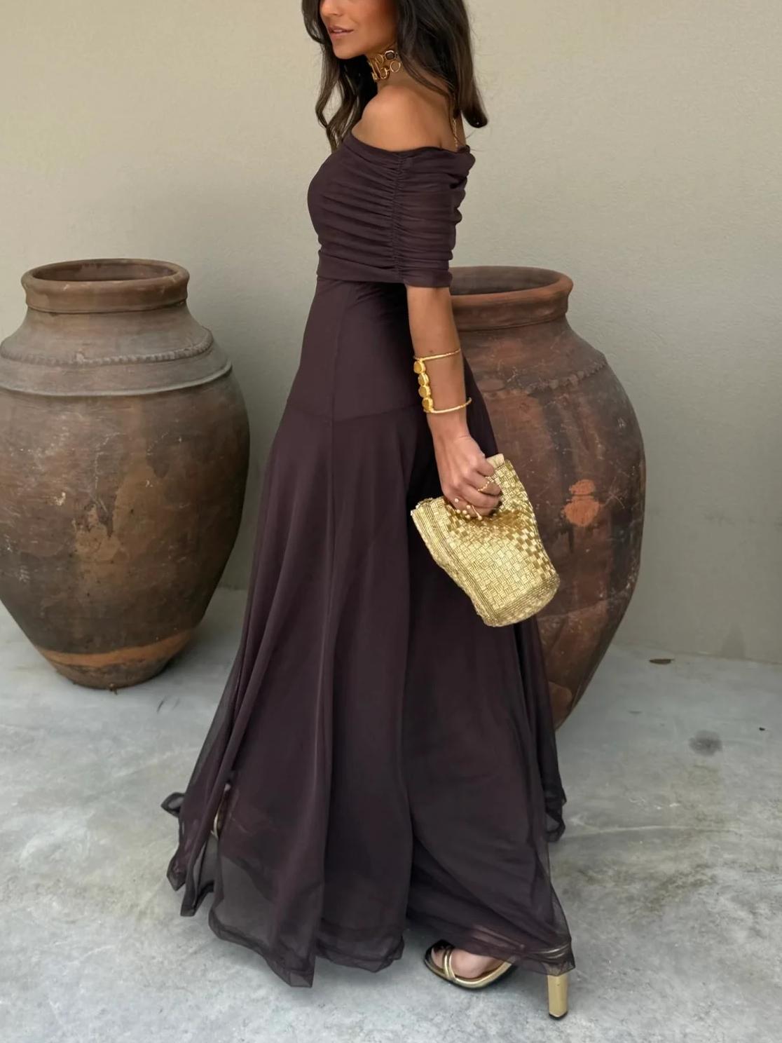 Sheer Mesh Ruched Off Shoulder Flowy Maxi Dress - Formal Evening Gown