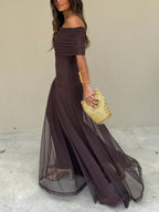 Sheer Mesh Ruched Off Shoulder Flowy Maxi Dress - Formal Evening Gown
