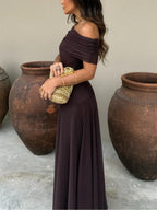 Sheer Mesh Ruched Off Shoulder Flowy Maxi Dress - Formal Evening Gown
