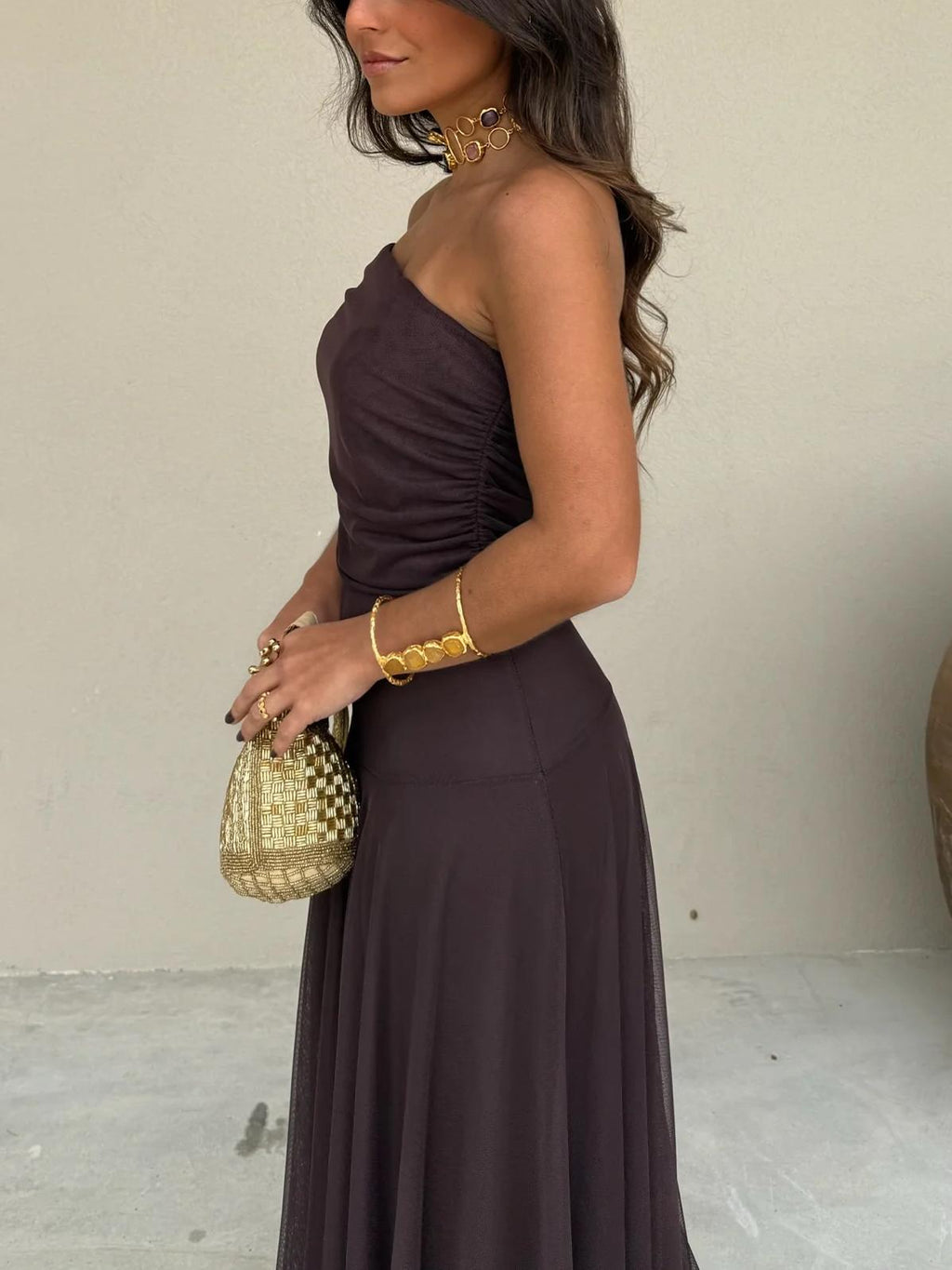 Sheer Mesh Ruched Off Shoulder Flowy Maxi Dress - Formal Evening Gown