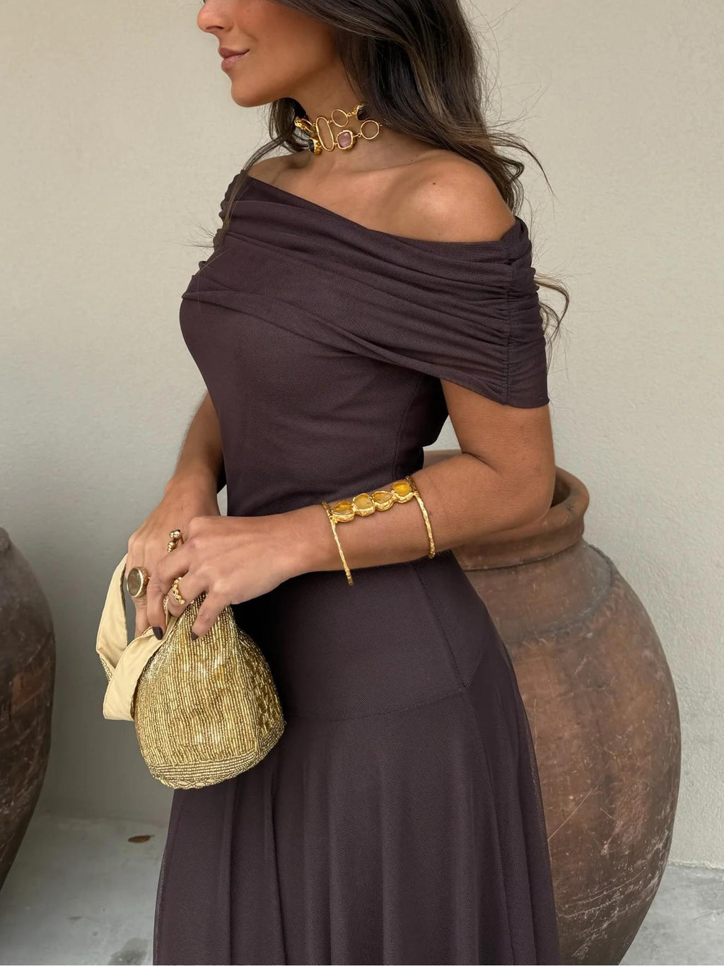 Sheer Mesh Ruched Off Shoulder Flowy Maxi Dress - Formal Evening Gown