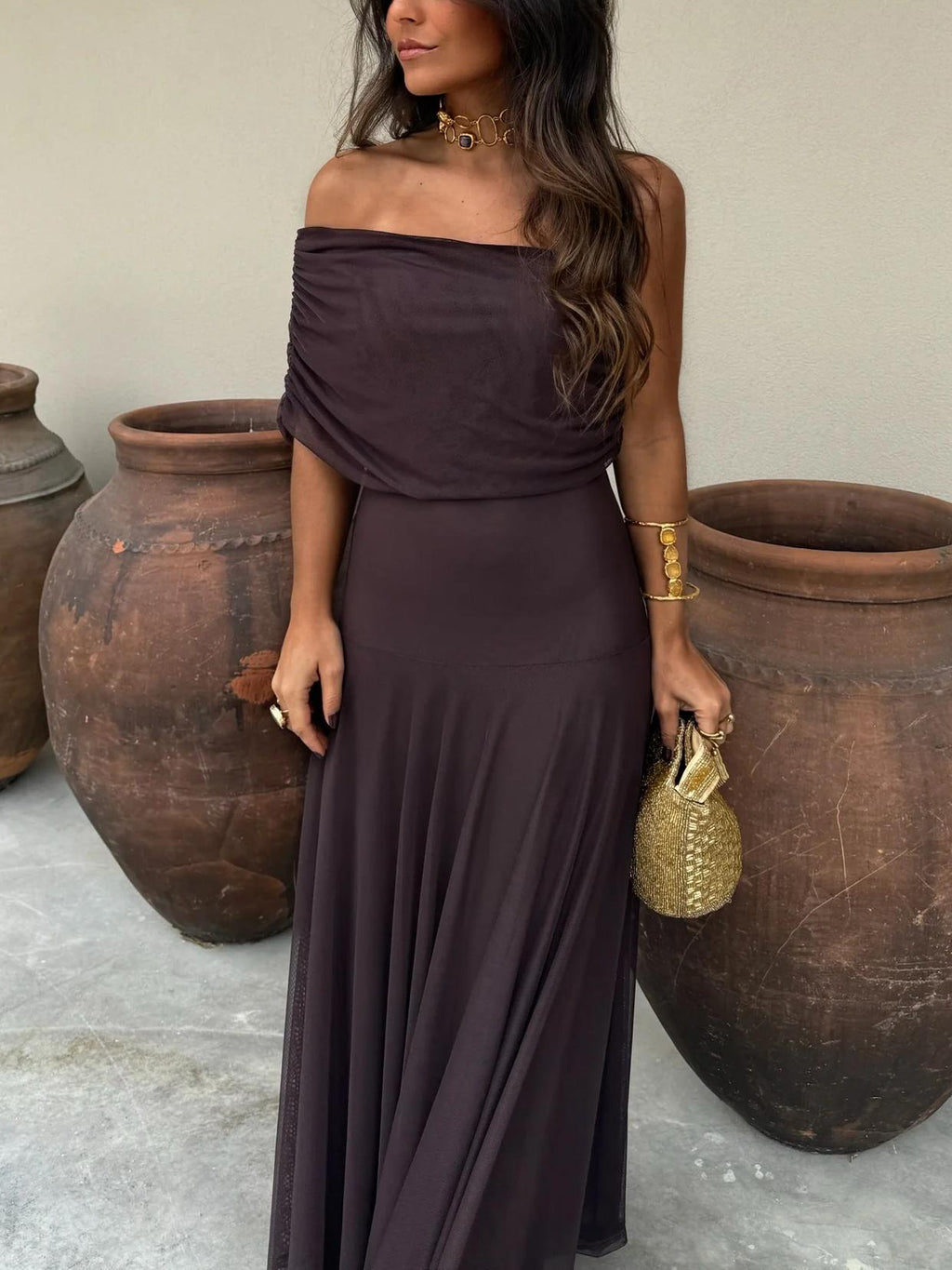 Sheer Mesh Ruched Off Shoulder Flowy Maxi Dress - Formal Evening Gown