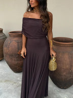Sheer Mesh Ruched Off Shoulder Flowy Maxi Dress - Formal Evening Gown