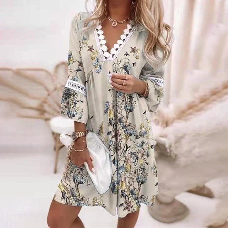 Floral Paisley Lace Trim V Neck Long Sleeve Boho Mini Dress